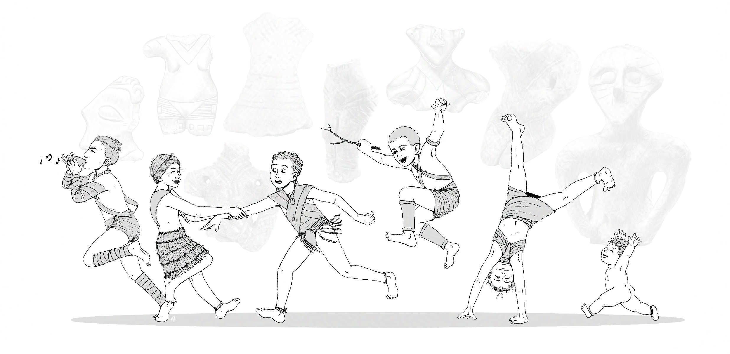 File d'enfants inspirés de figurines néolithiques des Balkans